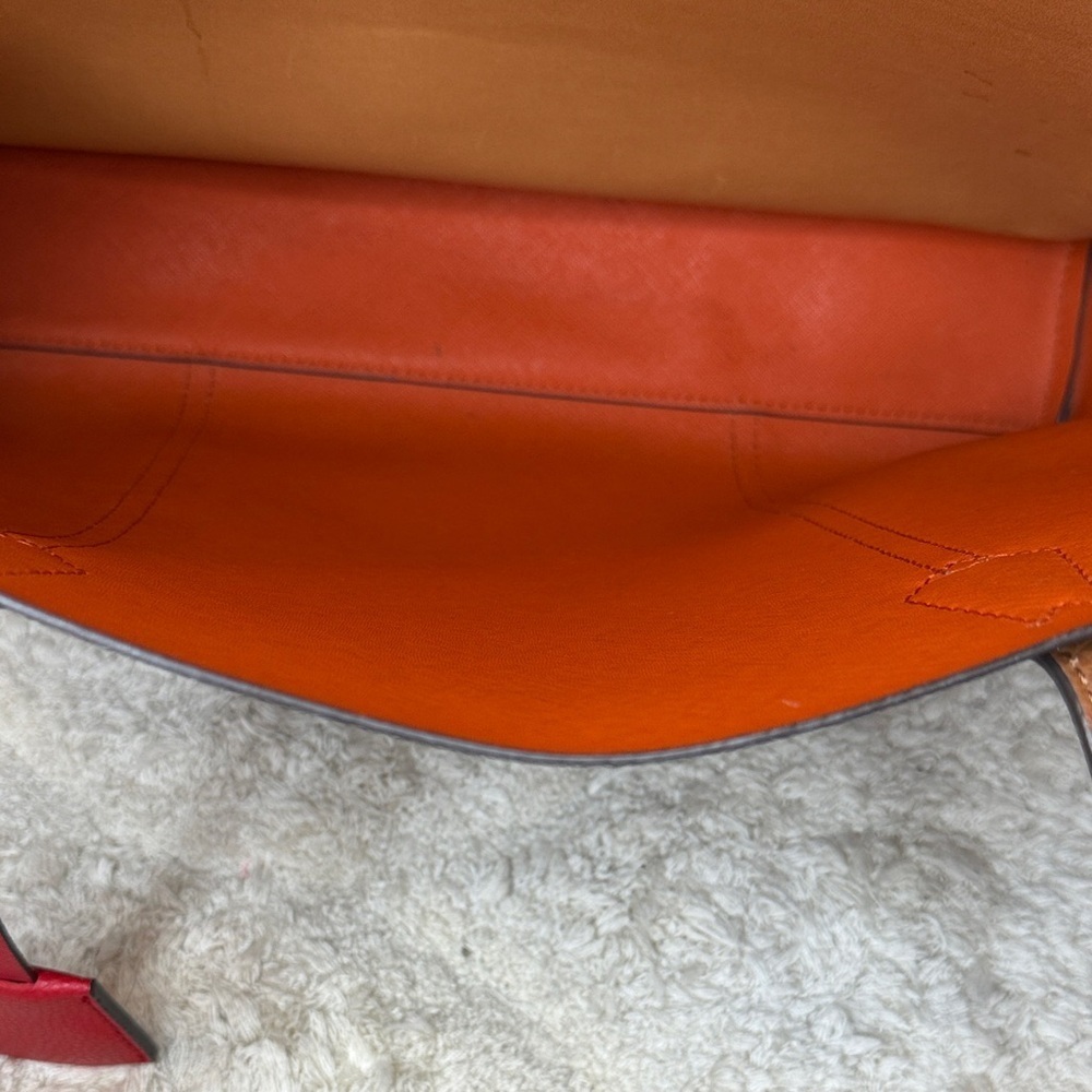 Tory Burch Perry Triple Compartment Tan Leather Tote with Red Accent - Picture 15 of 16